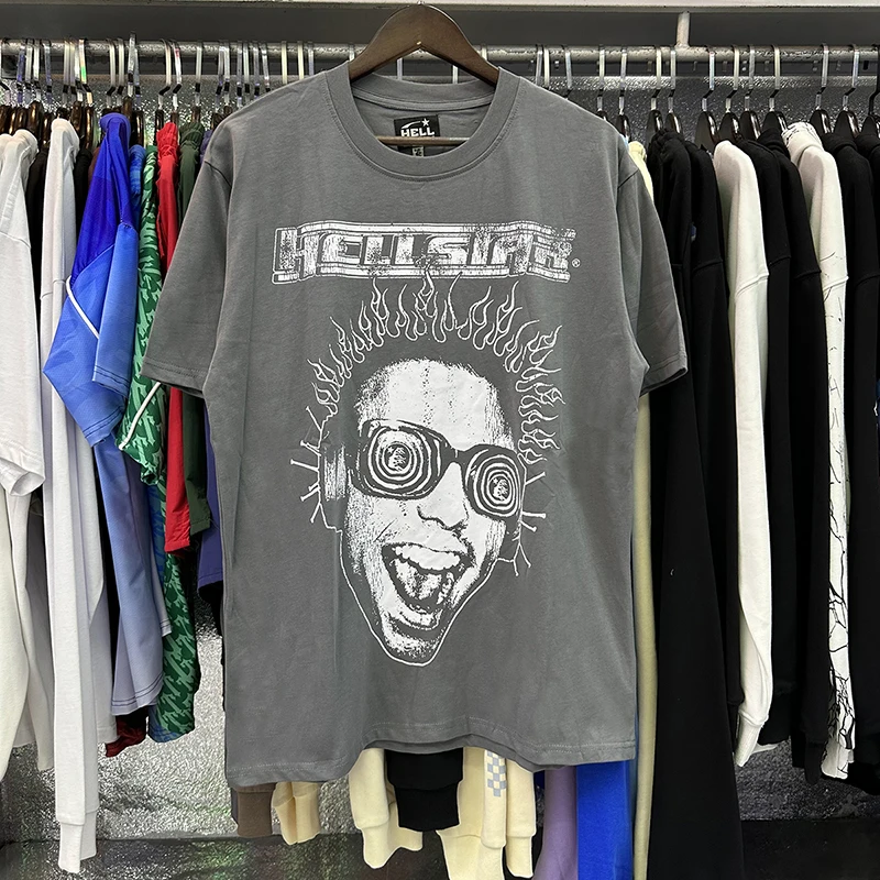 

23SS Streetwear Portrait Print Hellstar Unisex High Quality Casual Oversized Top Tees Hip Hop Cotton Gray Short Sleeve With Tags