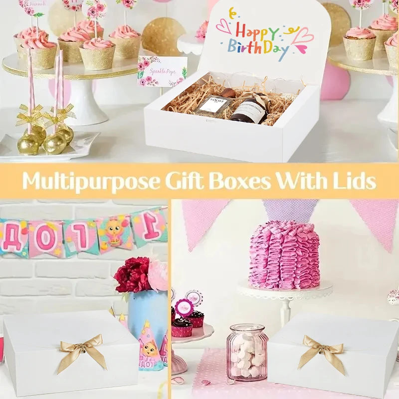 3Pcs White Gift Box with Lid Ribbons for Birthday Party Candy Cookie Storage Christmas Wedding Bridesmaid Gift Packaging Boxes