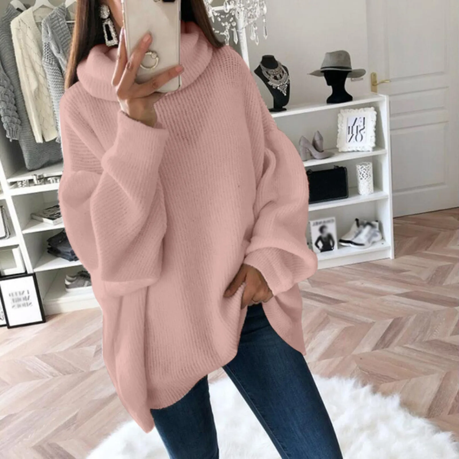 

2023 Women Sweater Oversized Turtleneck Pile Collar Autumn Winter Long Sweater Loose Pullover Stretchy Knitwear SuéTeres свитер