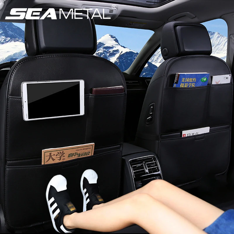 Leather Car Seat Back Cover Anti Kick Pad with Storage Pocket