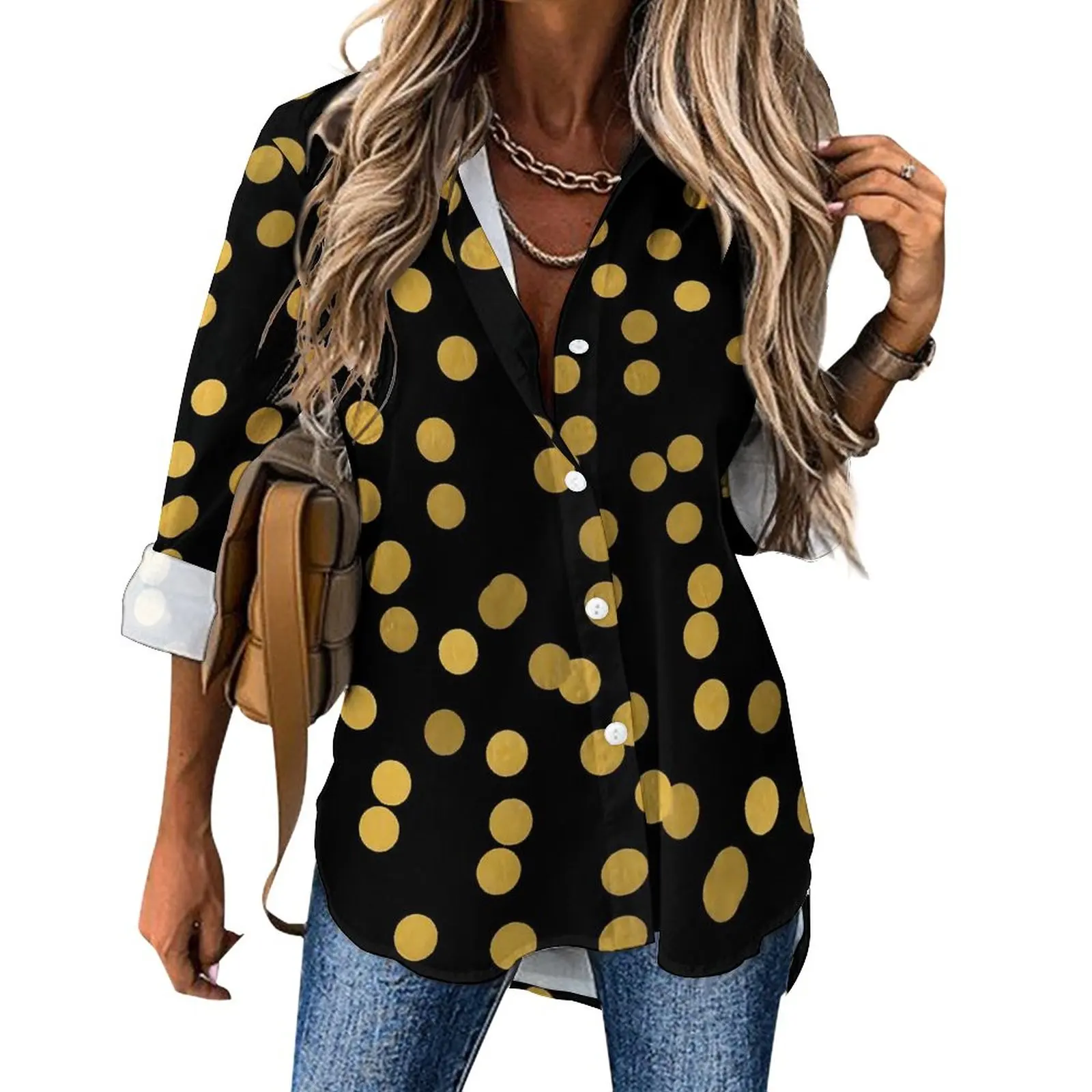 

Блузка женская свободного кроя в горошек, уличная одежда в стиле ретро, крутая рубашка с длинным рукавом, с графическим принтом, большие размеры, лето