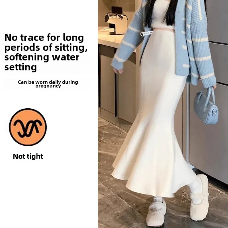 Maternity Mid-Length Black Slimming A- Line Knitted Skirt Fish-Tail One-Step Skirt Autumn Winter plus Size Women's Dress