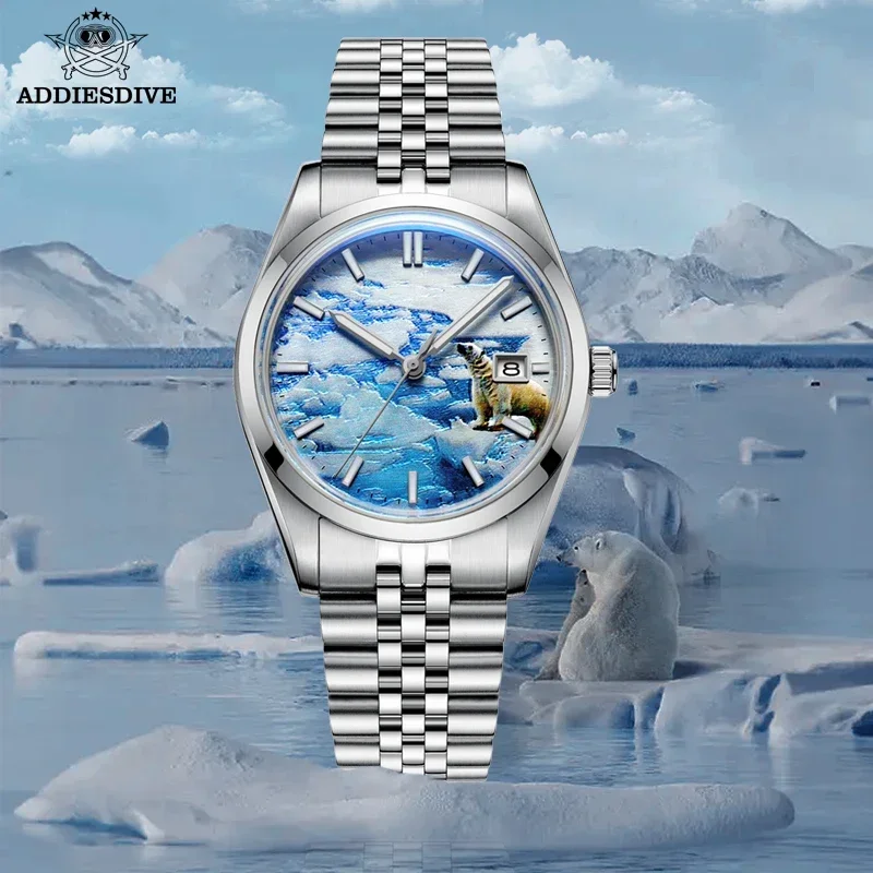 

ADDIESDIVE 3D Glacier Dial Automatic Mechanical Watch Stainless Steel Calendar Mens Watches 100m Dive Blue Luminous Wristwatches