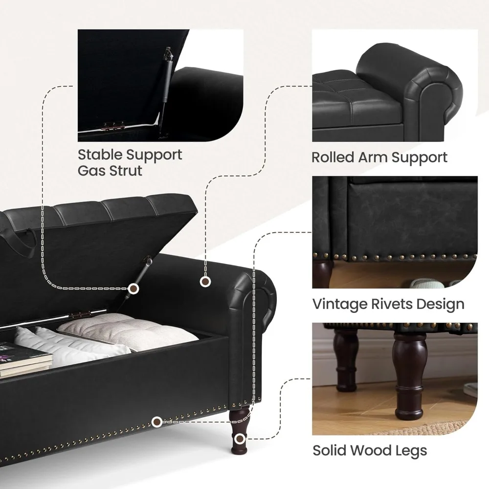 storage ottoman bench for bedroom, 51" upholstered bedroom bench with rolled arms and vintage rivets, large storage chest for li