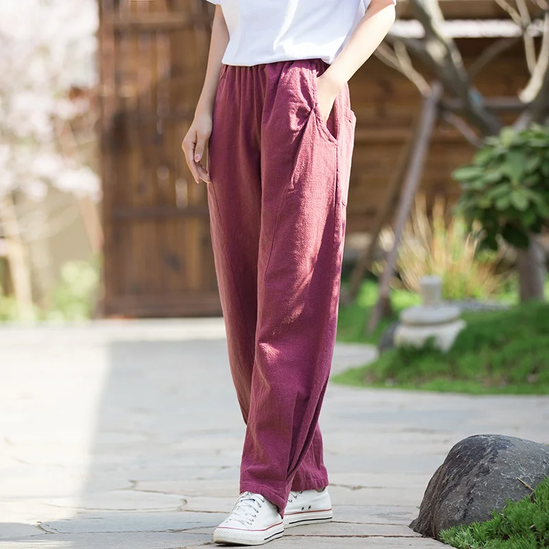 Summer Loose Plus Size Chinese Style Pants Ramie Stitching Casual Trousers Yoga Sand Wash All-match Bloomers for Women
