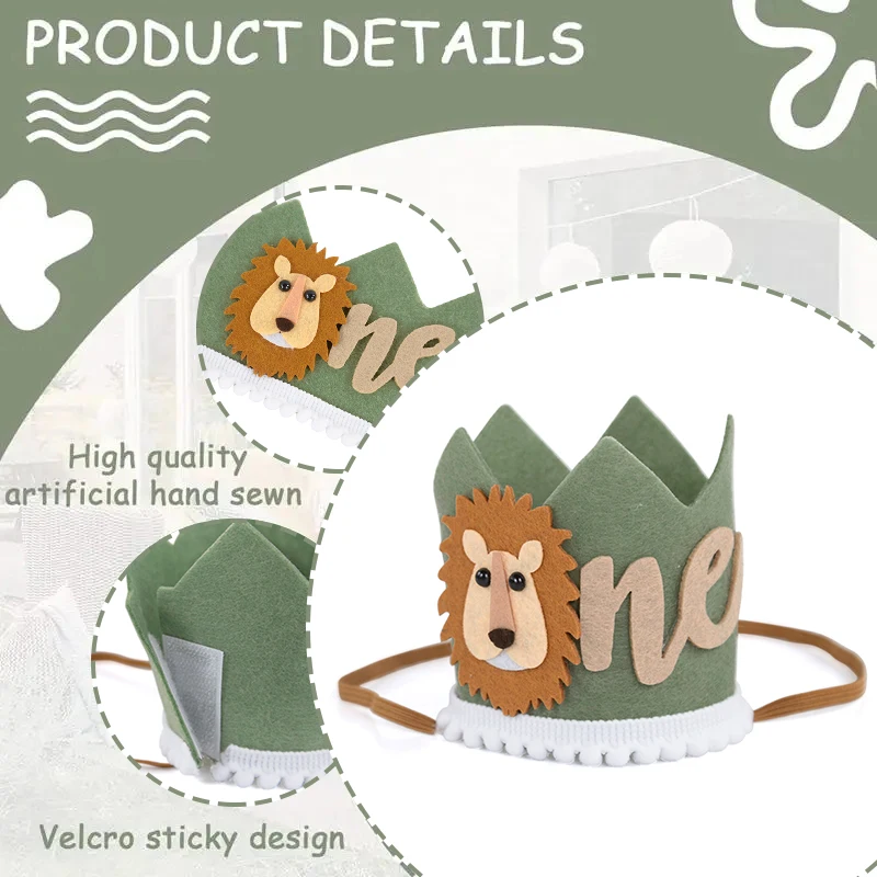 1st Kids Jungle Safari Crown Hat Baby 1 Year Old Birthday Party Lion Headband Wild One Party Decoration Photo Props Baby Shower