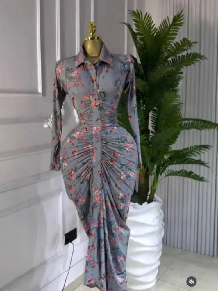 Wmstar Dress Women Wholesale Long Sleeved Lapel Printed Pleated Slimming and Waist Cinching Dresses Drop Shopping New Style