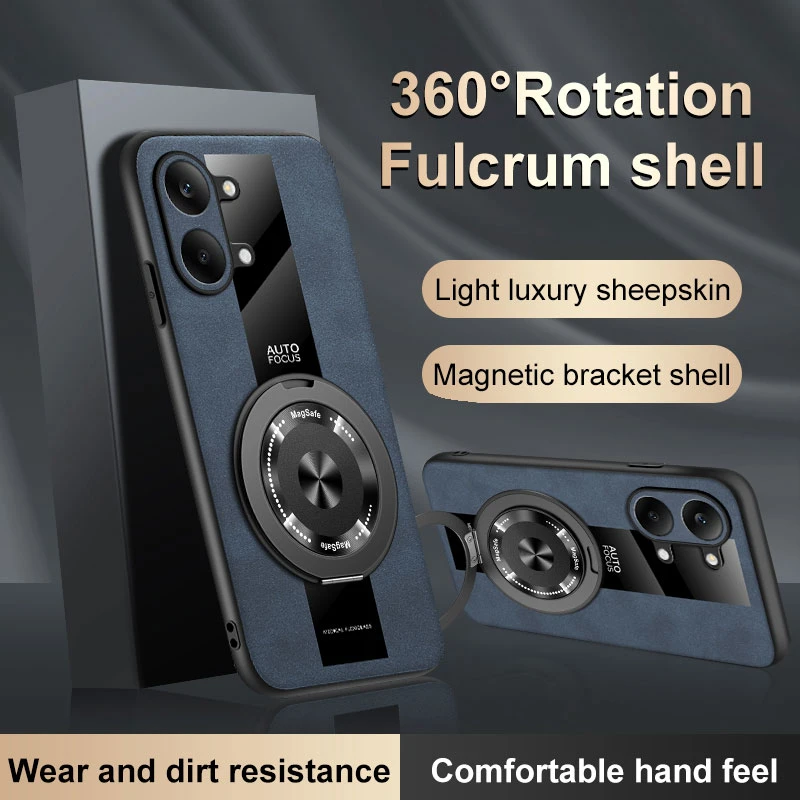 Luxury Leather Magnetic Holder Phone Case with Ring and Silicone Bumper