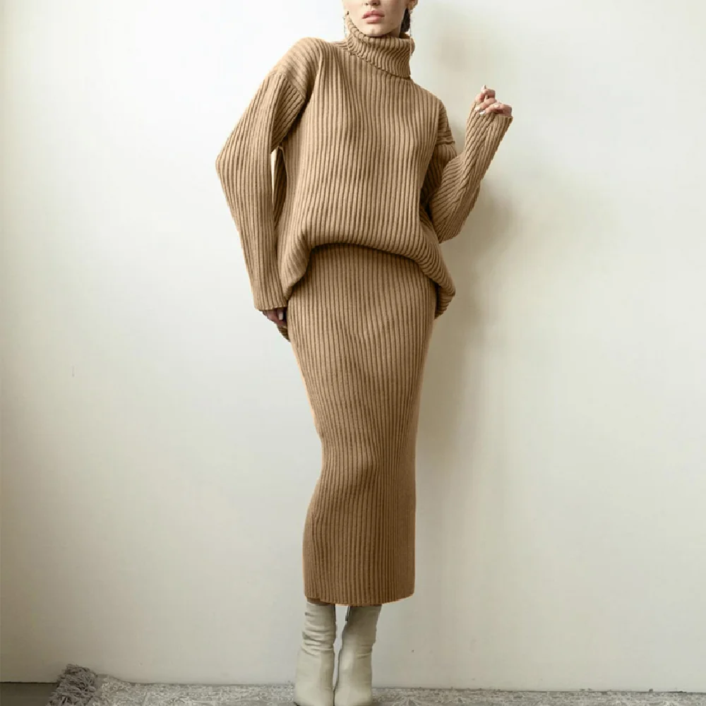 

Clinkly Thicken Sweater Skirts Two Pieces Sets Female Turtlenecks Pullover Sweater A-line Skirts Knitted Suits Office Ladies