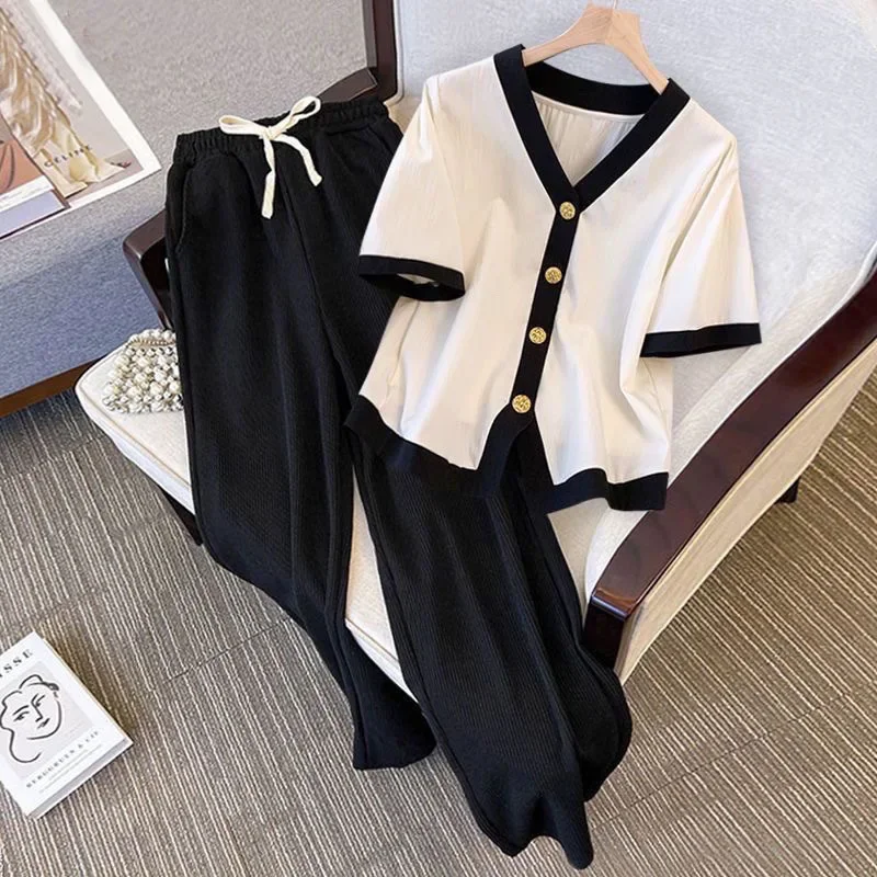 Plus Size Women's One-piece Set Age-reducing Slimming Casual Bell Bottoms Two-piece Suit