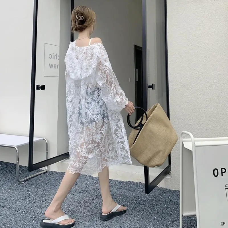 Women's Hooded Jacket Lace Sun Protection Jacket Spring Summer Plus Size Loose Retro Mid-length Hooded Jacket Thin Light Korean