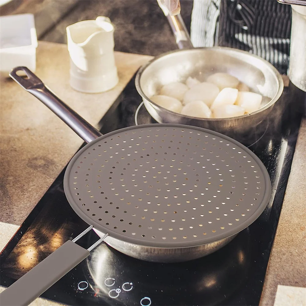 Silicone Kitchen Splatter Screen with Handle Heat-resisting Oil Splash Guard Drain Board Cover Kitchen Frying Pan Lid