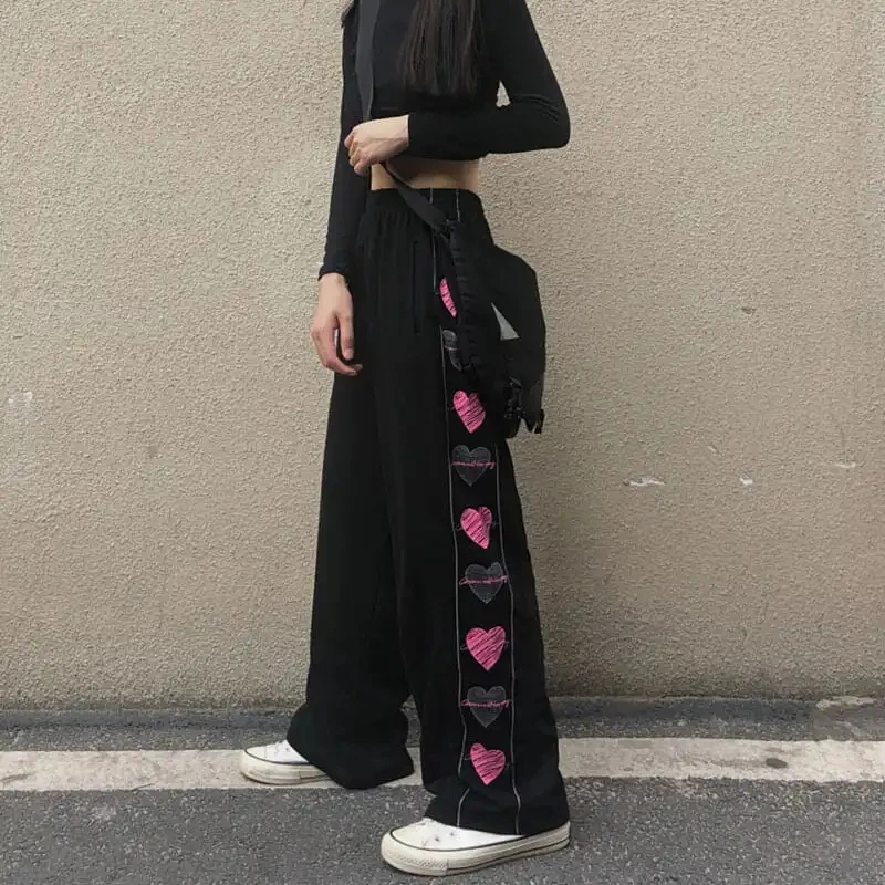 

Plus Size 6XL 150kg Spring Summer Pants Women Hearted Print Elastic Waist Black Wide Leg Pant Woman Loose Trousers