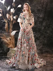 Floral Embroidery Evening Dresses 2023 Long Dress Colorful Tulle Short Sleeve Court Train Romantic Prom Gown Party Women Wear