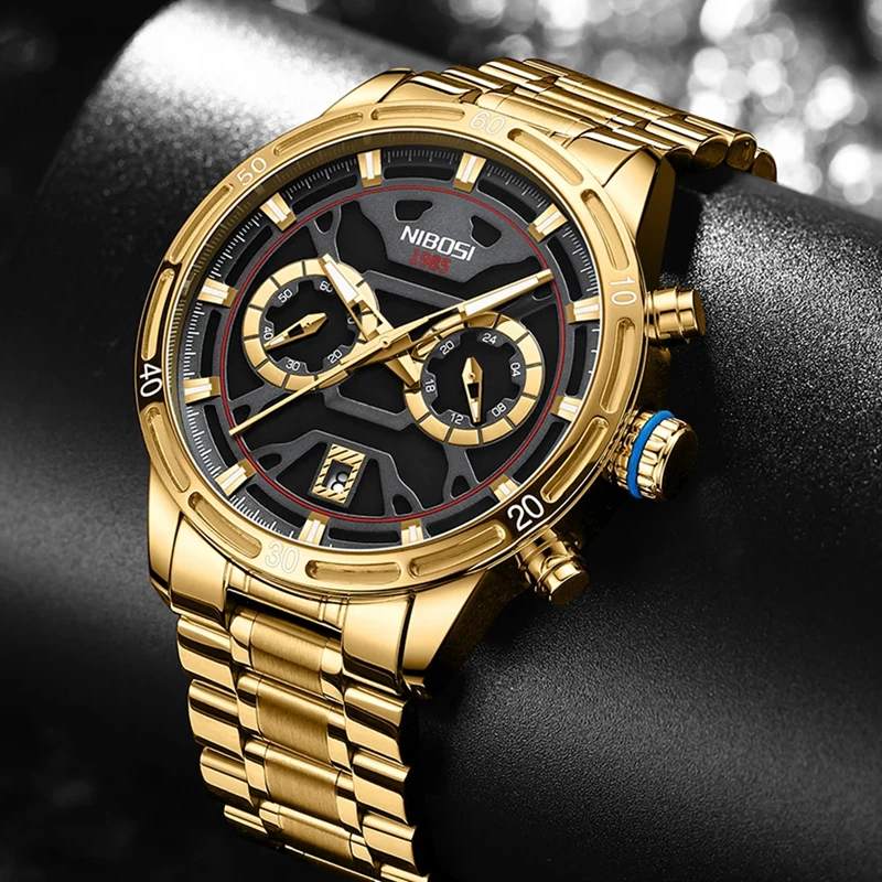 NIBOSI Fashion Gold Quartz Watch for Men Stainless Steel Waterproof Luminous Date Chronograph Mens Watches Relogio Masculino