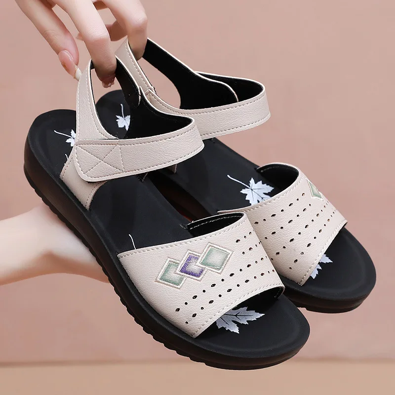 Summer Fashion Genuine Leather Ladies Sandals middle-aged non-slip flat comfortable old shoes large size Soft bottom women shoes