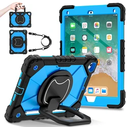 Rotating Heavy Duty Armor Stand Cover with Handle Grip and Shoulder Strap - iPad 9.7 2017 2018 (Black - Blue)