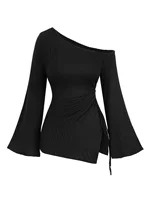 European and American fashion plus-size women's spring and autumn asymmetric tail long-sleeve off-shoulder T-shirt - Image 3