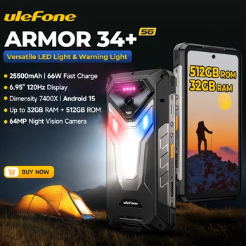 Ulefone Armor 34+ Smartphone Rugged 5G AI con Batteria da 25500mAh, Android 15, Fino a 32GB+512GB, Fotocamera Notturna da 64MP, Display da 6.95" 120Hz, NFC
