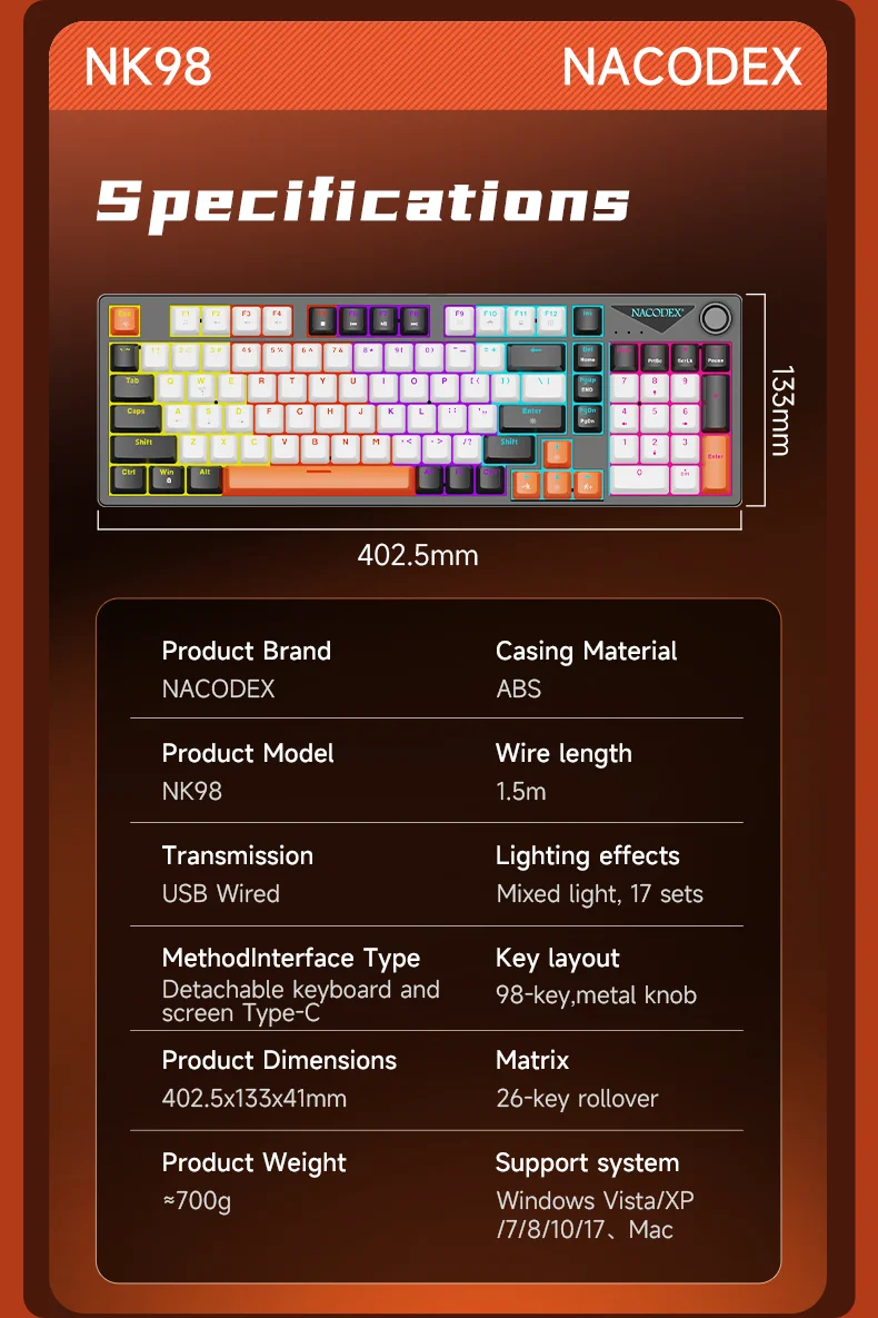 AJAZZ NK98 Hot-Swap-fähige Mechanische Tastatur, Metall-Lautstärkeregler, Beleuchtete Tastenkappen, Kabelgebundene Tastatur – Detail 12