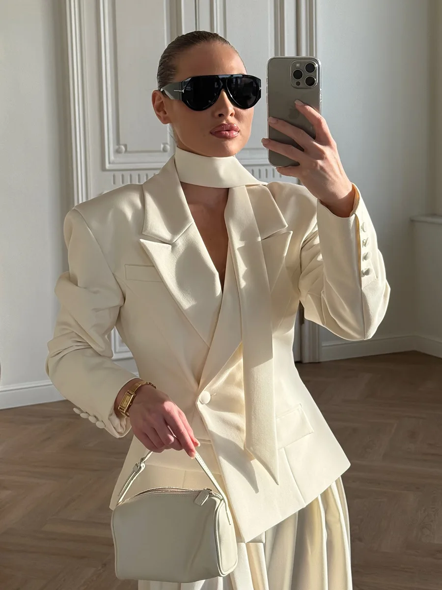 Bornladies  Autumn Winter New Women's Belted Neckline Tie Blazer Structured Shoulders Short Jacket Elegant Office Commuting Coat