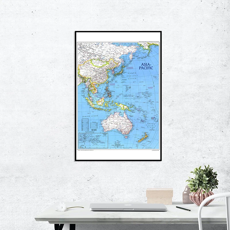 24x36 inches Fine Canvas Hanging Wall Art Painting Printed Map of Asia Pacific For Home Office Decor