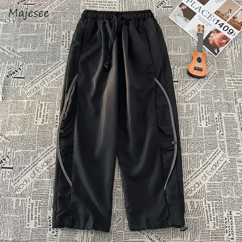 

Spliced Cargo Pants Men Solid Loose Wide Leg Drawstring Spring Summer European Style Retro Youthful Vitality Stylish Ins Sporty