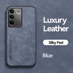 Peatkop Luxury Leather Shockproof Phone Back Cover with Soft Silicone+PC Trim for VIVO V27 Pro (Blue)