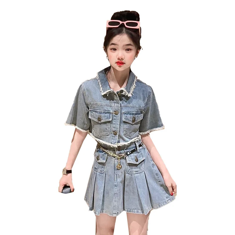 

New Fashion Denim Set for Girls Summer Blue Lapel Raw Edge Design Cropped Jacket + Pleated Skirt 2pcs Children's Clothing 4-14 Y