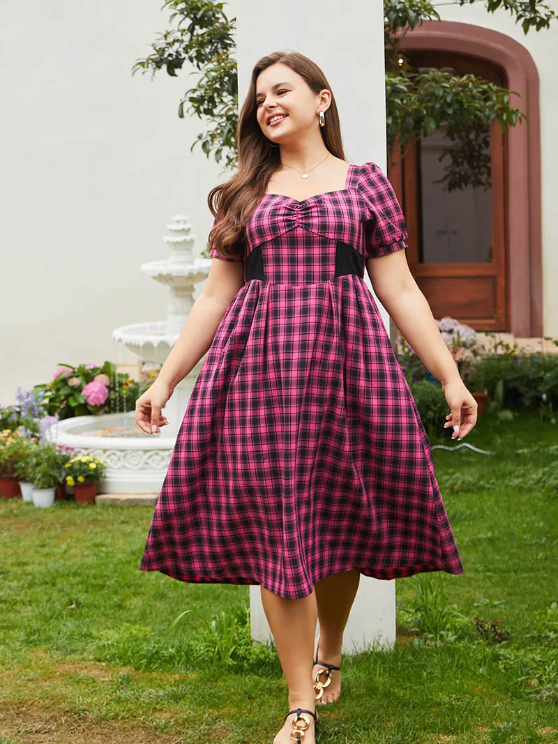 Cute Plus Size Women Clothing Dresses Elegant Short Sleeve Pink Plaid Midi Dresses Boho Plus Size Long Women Summer Dresses 2023