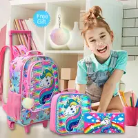 3PCS Rolling Backpack for Girls Kids Roller Wheels Bookbag  with Lunch Bag Pink Unicorn Glow-in-the-dark Function 4