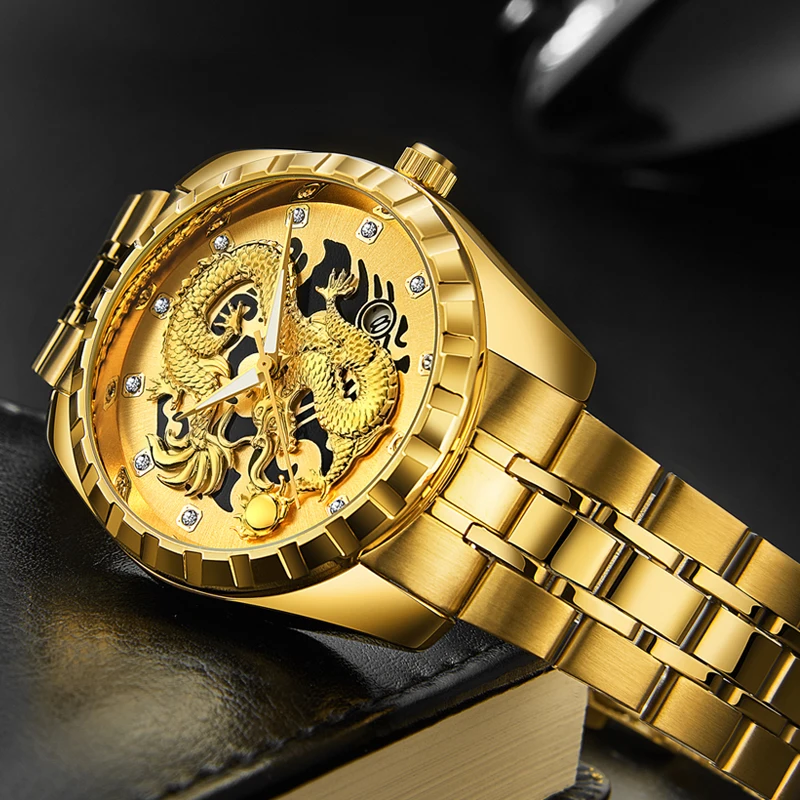 Wlisth Mens Watch 3d Golden Dragon Original Quartz Watch For Man Dragon Dial Waterproof Luminous Date Stainless Steel Watches, Alina Gadgets