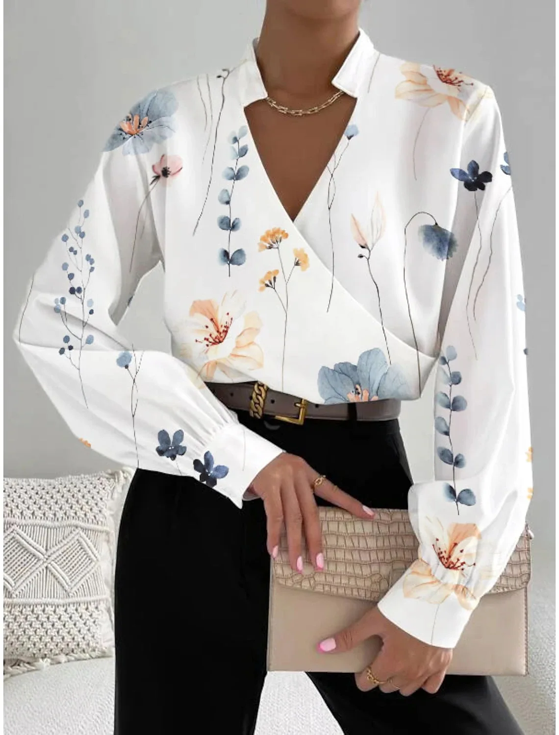 Office Elegant V-neck Print Shirt Blouse Women Fashion Long Sleeve Shirts For Women 2023 Autumn White Casual Loose Top Femme