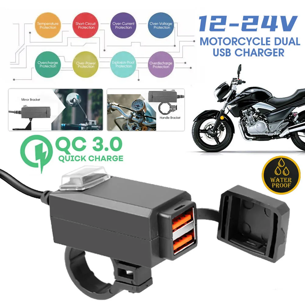 

Waterproof QC3.0 Motorcycle Charger Moto Handlebar 3.4A Dual USB Charger Socket Power Dustproof Charger Adapter Moto Accessories