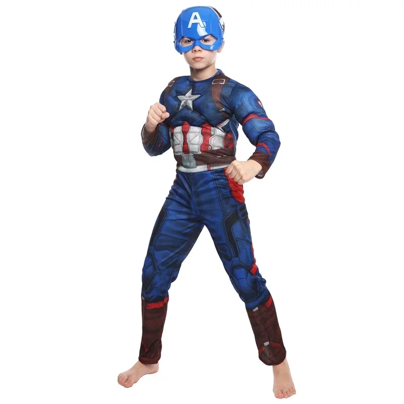 Boys Captain Rogers Costume Blue Superhero Muscle America Jumpsuit Halloween Purim