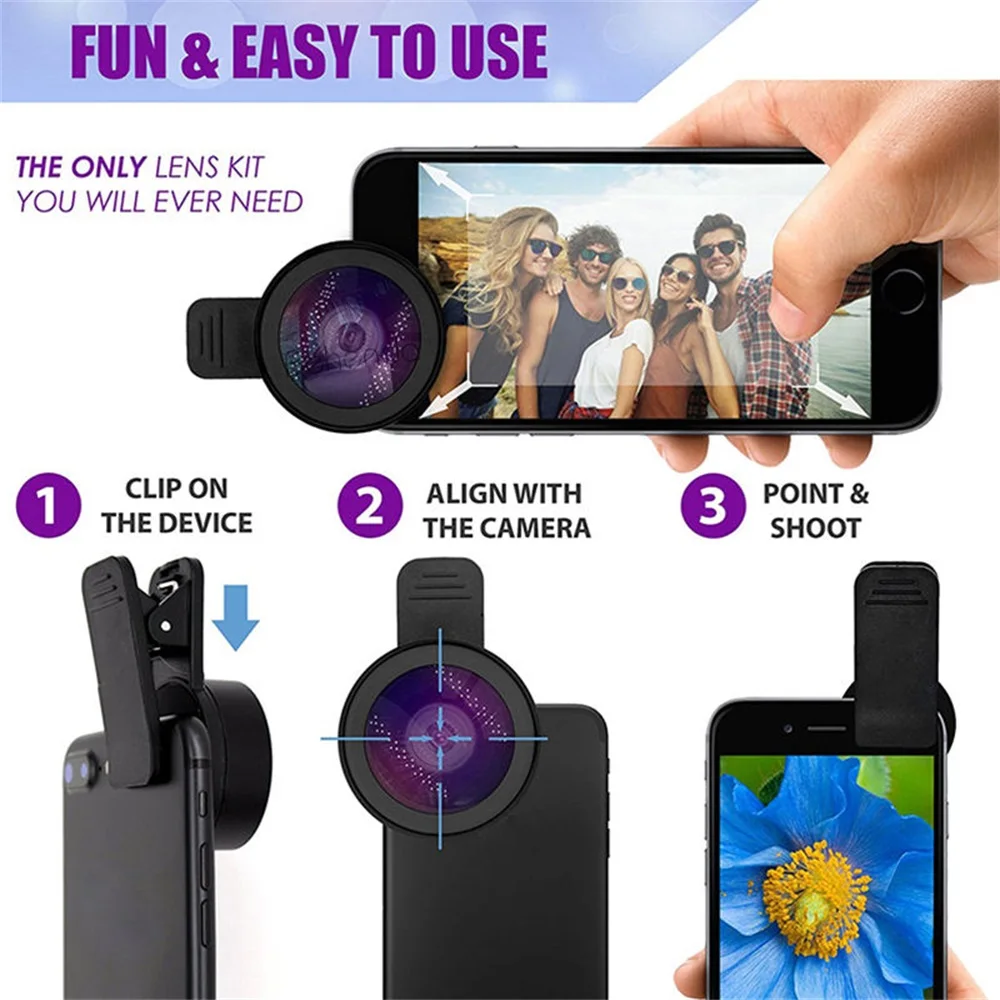 Description Picture 3 of item2 In 1 Professional Mobile Phone Camera Lenses Magnifiers Clip-on Fish Eye 15X Macro 0.45X Super Wide Angle Lens
