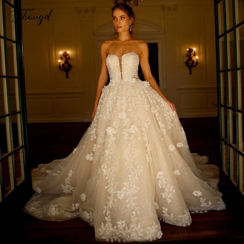 Trautel A-Line Gracful Backless Abiti Da Sposa Senza Spalline Vestido De Novia Lace Appliques Charming Princess Robe De Mariee