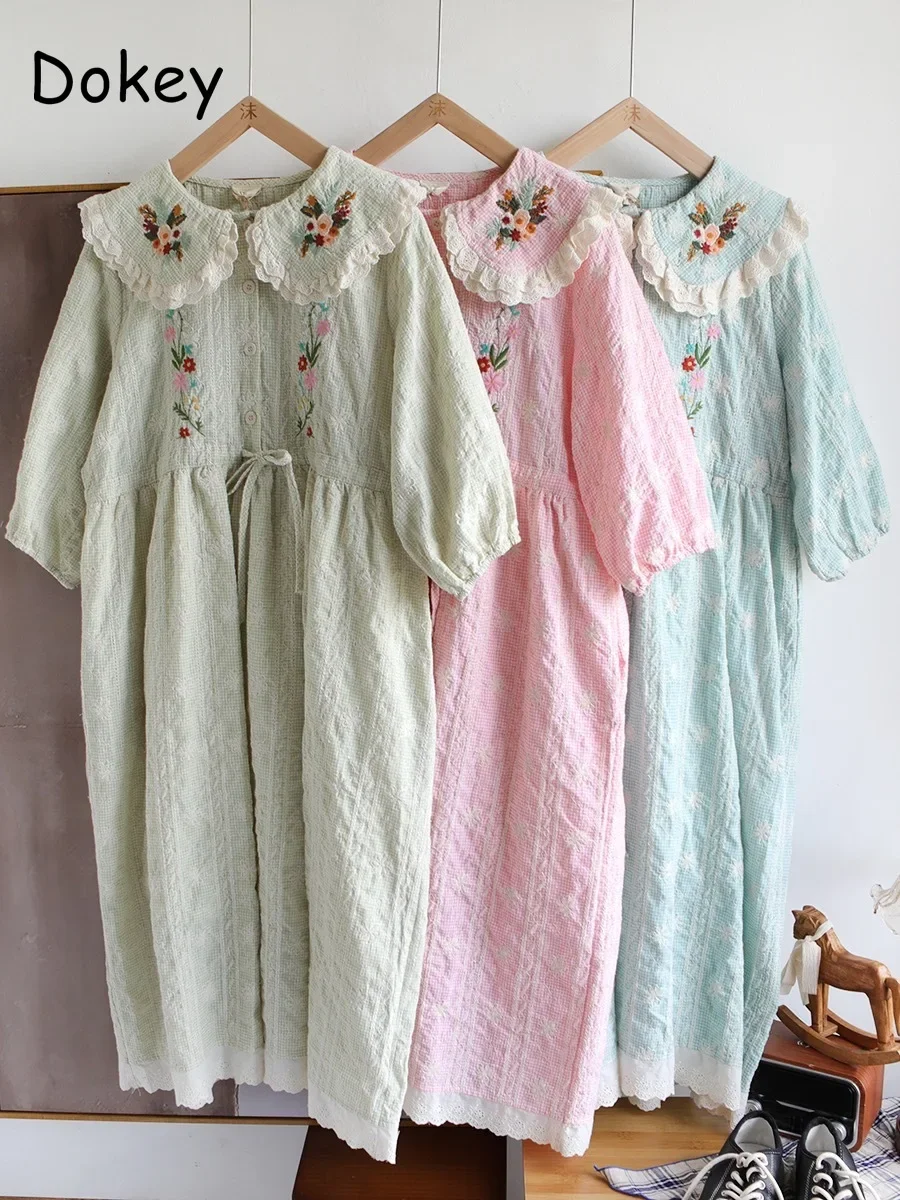 

Women's Vintage Embroidery Kawaii Dress Japanese Mori Girl Peter Pan Collar Cotton Linen Loose Dress Lace-up Patchwork Vestidos