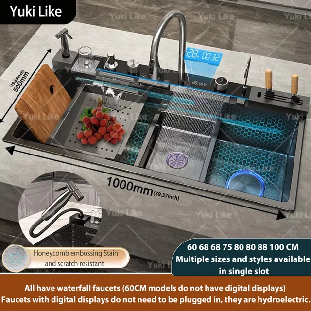 อ่างล้างจานสแตนเลสแบบน้ำตก รุ่นใหม่ ลายนูน ขนาดใหญ่พิเศษ ช่องเดียว ดีไซน์ทันสมัย พร้อมหน้าจอดิจิตอล อเนกประสงค์ 1