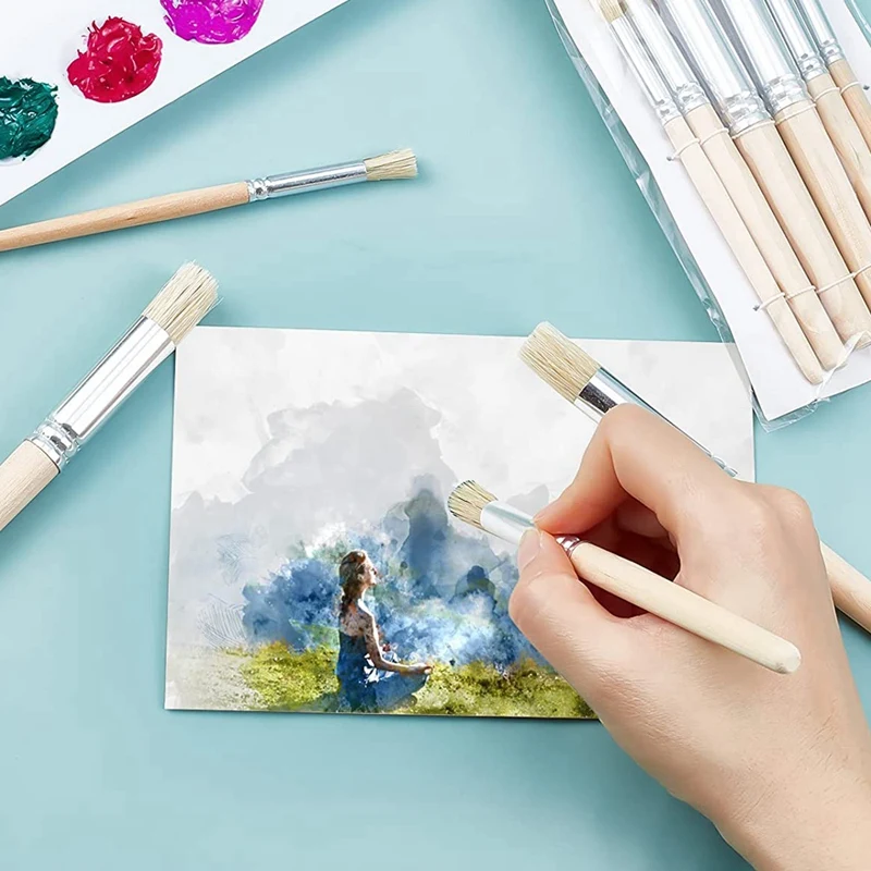 Wooden Stencil Brushes,12Pcs 3 Sizes Natural Stencil Brushes Bristle Art Painting Brushes For DIY Crafts Supplies