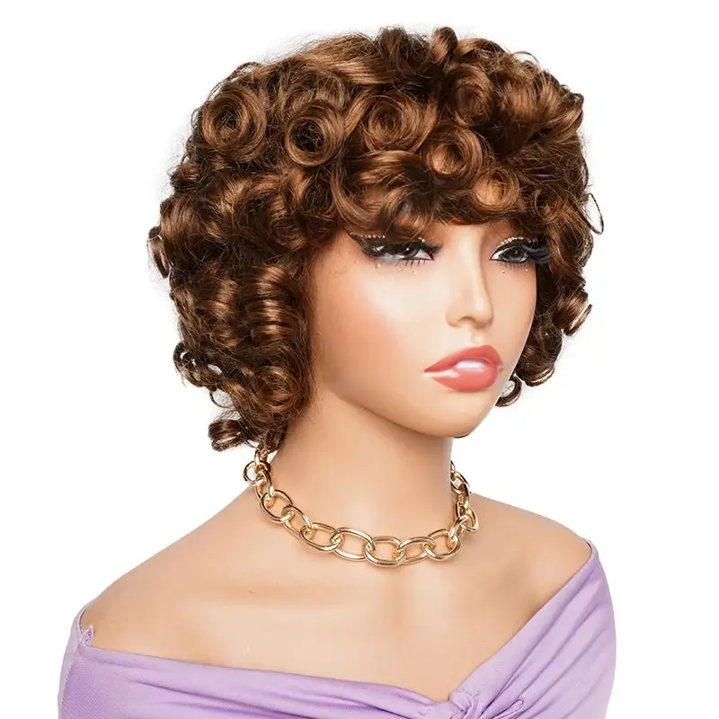 Brown Full Bouncy Curl Glueless Human Hair Wigs with Bang for Women Full Wig Bobbi