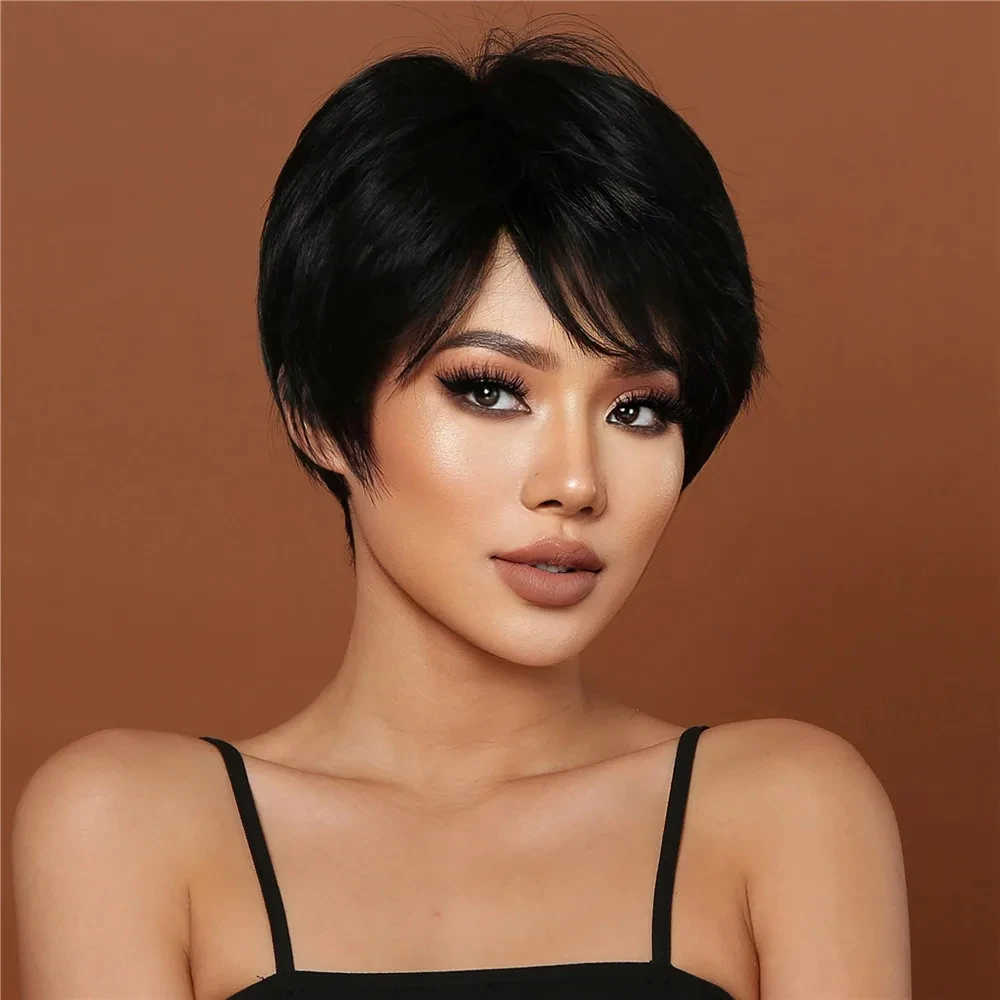 검은색 짧은 머리 합성 가발, 빅 웨이브 가발, 할로윈 코스프레 롤플레잉, 데일리 웨어, 고온 실크 가발캡