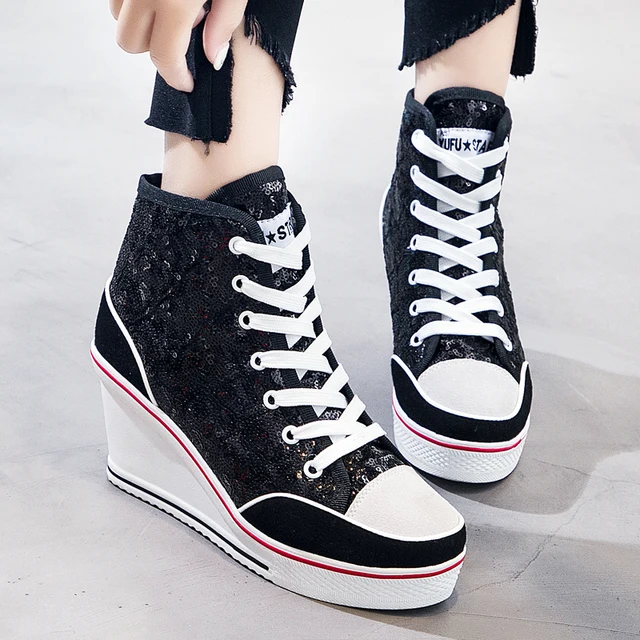 silver glitter wedge sneakers