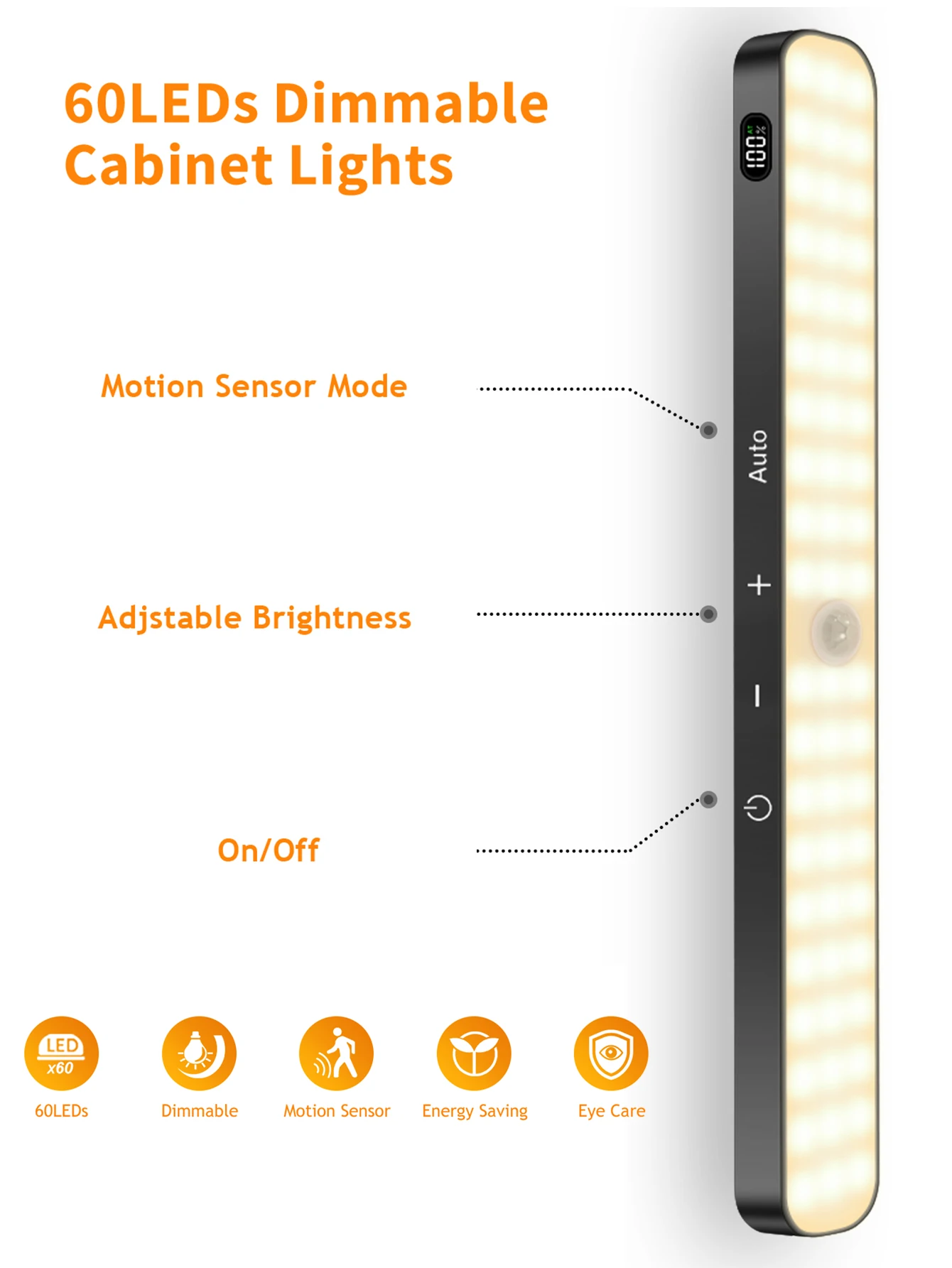WILLED Motion Sensor Cabinet Warm Light Battery Display 60 LED Touch Light Bar Wireless Rechargeable Battery Night Light 3