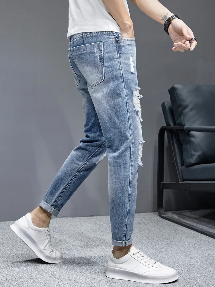 New Ripped Jeans Men's Streetwear Fashion Korean Youth Slim Little Feet Denim Trousers Stretch Cotton Ankle Length Pants Male
