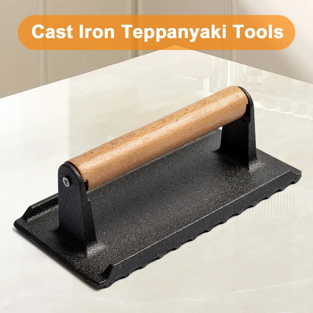 Cast Iron Flat Top Grill Hamburger Grinder with Wooden Handle Kitchen Heavy Flat Steak Weight/Bacon Press Hamburger Patty Maker