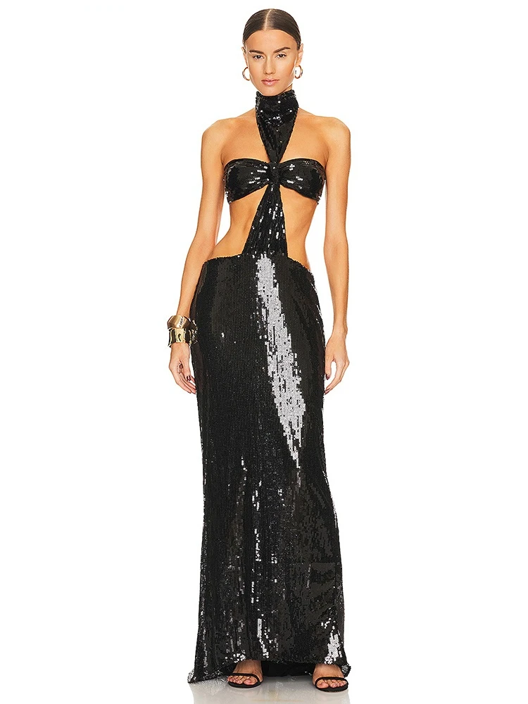 

2023 New Summer Women'S Black Sequin Sexy Cut-Out Backless Design Sleeveless Tight Long Elegant Celebrity Party Dress