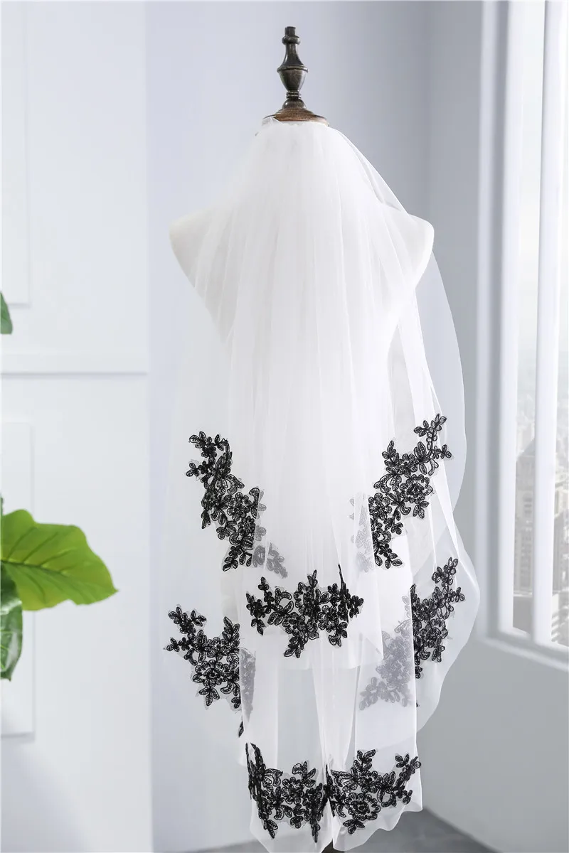 

White Ivory with Black Applique Wedding Veil Two layers witn Comb for Wedding Hen Party Bride's Veil Church Veil