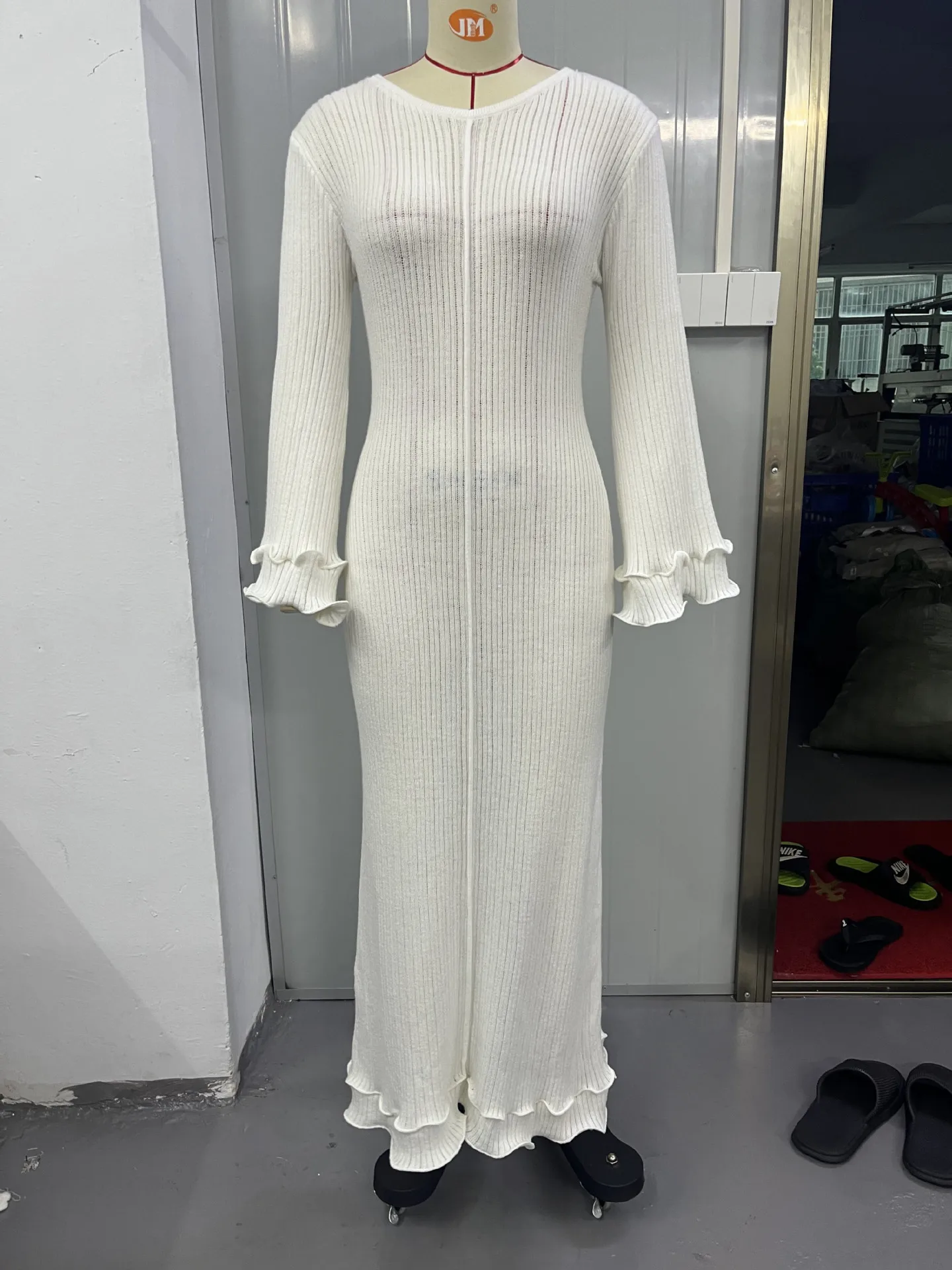 Autumn Ruffled White Maxi Dress Women Backless Lace-Up Slim Ribbed Long Sleeve Patchwork Dress Knitwear Female Long Dress