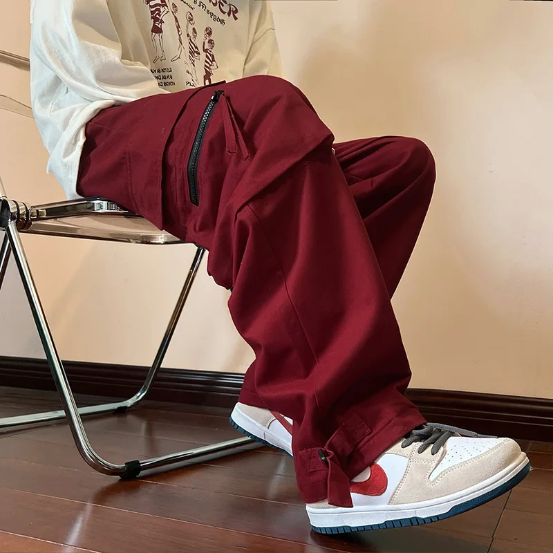 

Wine Red Overalls Men'S Summer Hip-Hop American Fashion Casual Pants Ins Loose Straight Leg Pants